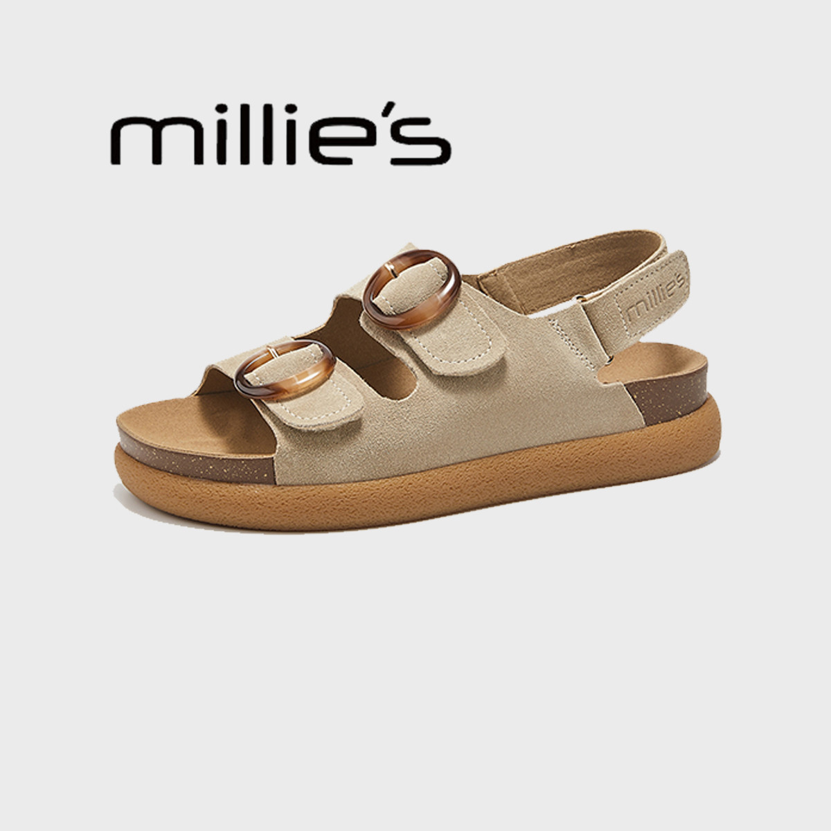 妙丽真皮厚底勃肯凉鞋女夏季新款罗马鞋魔术贴百搭休闲运动沙滩鞋,淘宝优惠券,粉丝福利购,淘宝优惠卷