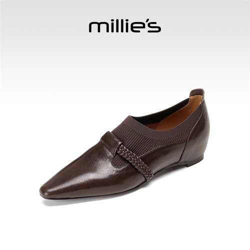 MILLIE'S/妙丽真皮内增高尖头法式单鞋新款袜口编织一脚蹬小皮鞋 - 图0