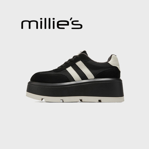 MILLIE'S/妙丽复古条纹撞色设计感户外加绒保暖运动增高板鞋冬季 - 图0