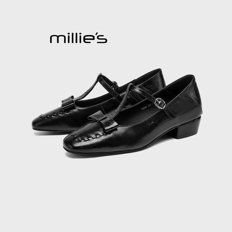 MILLIE'S/妙丽复古蝴蝶结玛丽珍鞋2025新款小皮鞋方头浅口单鞋女 - 图1