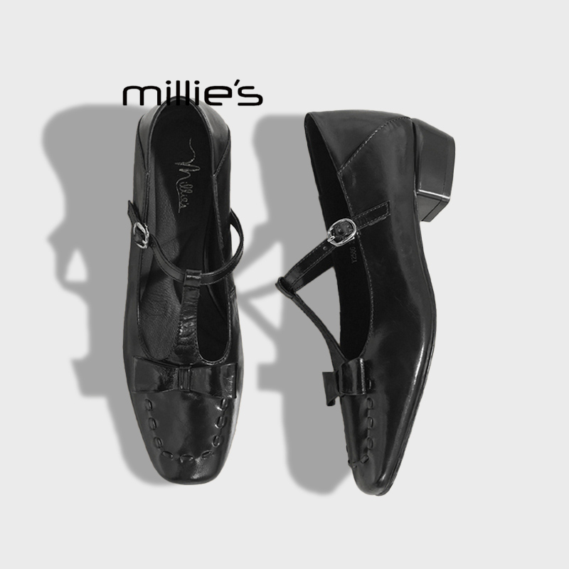 MILLIE'S/妙丽复古蝴蝶结玛丽珍鞋2025新款小皮鞋方头浅口单鞋女 - 图3