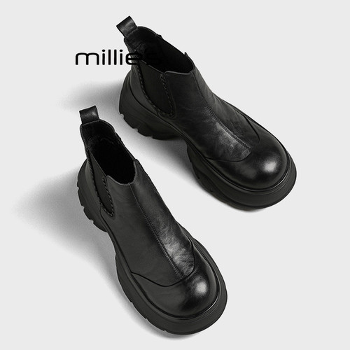 MILLIE'S/妙丽冬季新款厚底加绒增高休闲百搭马丁靴女英伦风短靴Q - 图0