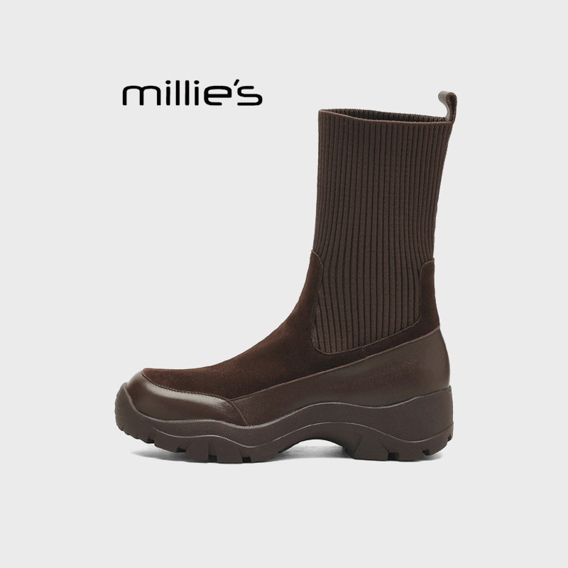 MILLIE'S/妙丽厚底弹力袜靴中筒瘦瘦靴切尔西靴针织拼接棕色短靴Z,淘宝优惠券,粉丝福利购,淘宝优惠卷