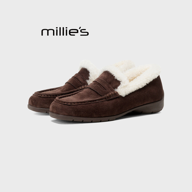 MILLIE'S/妙丽法式平底懒人一脚蹬加绒乐福鞋女外穿毛绒豆豆鞋冬Q,淘宝优惠券,粉丝福利购,淘宝优惠卷