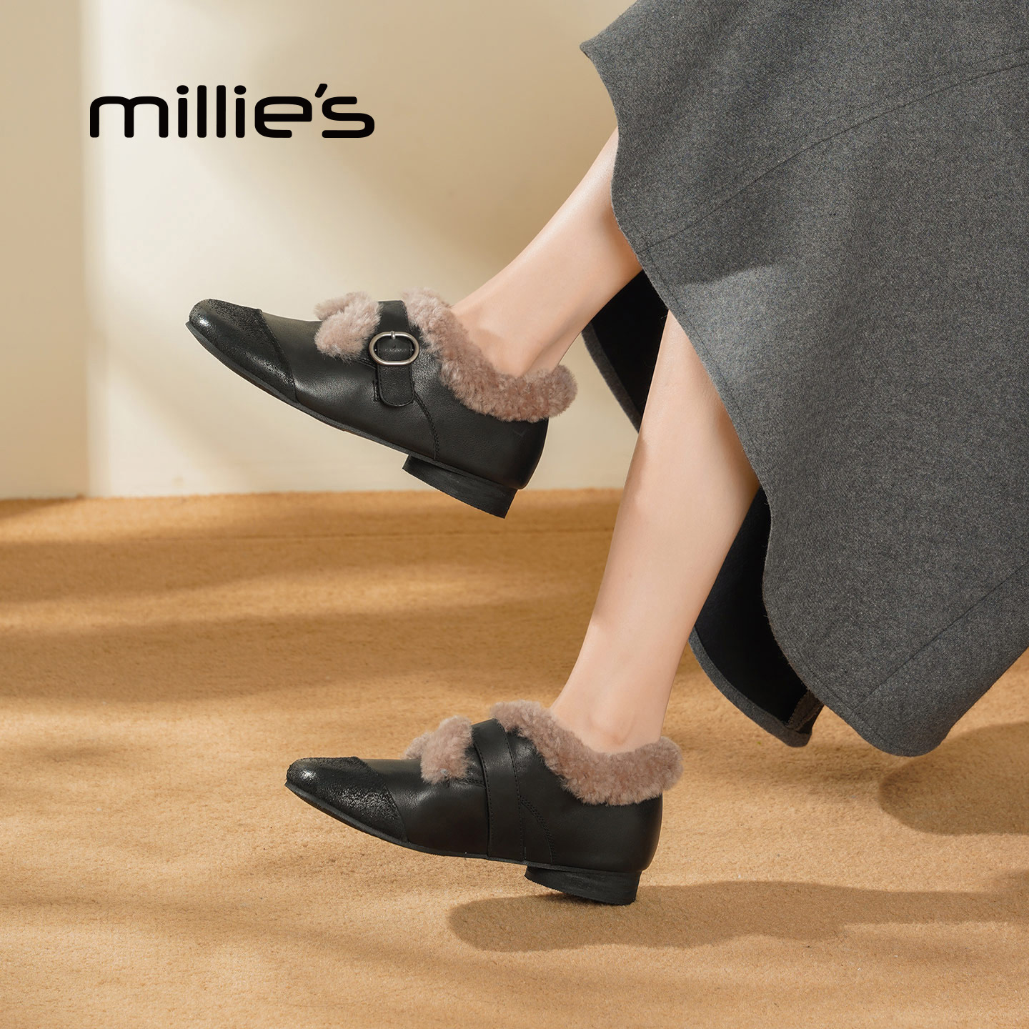 MILLIE'S/妙丽加绒乐福鞋女冬季保暖一脚蹬棉鞋真皮平底小皮鞋Z - 图0