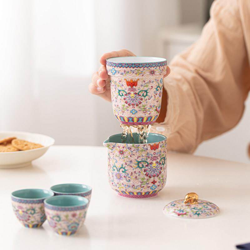 古晟 宫廷风珐瑯彩旅行茶具一壶三杯户外可携式简易泡茶快客小套,淘宝优惠券,粉丝福利购,淘宝优惠卷