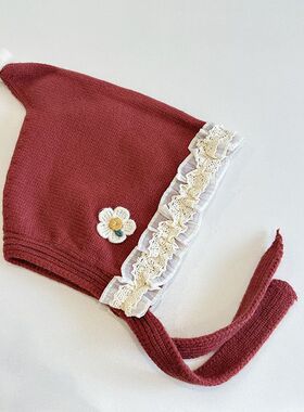2026新生儿红色系带护耳针织帽子