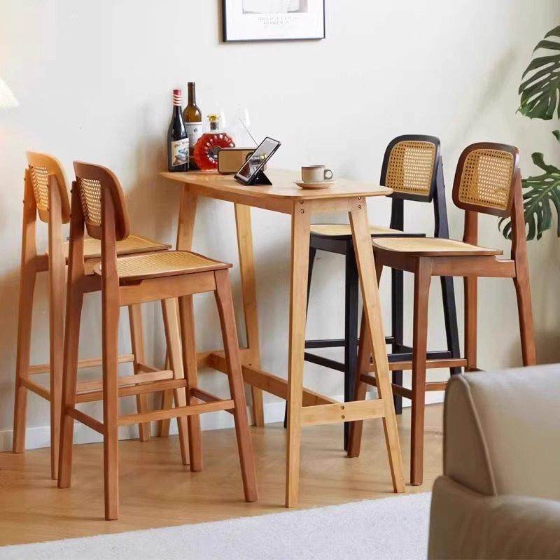 北欧实木吧台椅家用岛台椅子侘寂风椅子藤编吧椅酒吧椅靠背高脚凳,淘宝优惠券,粉丝福利购,淘宝优惠卷