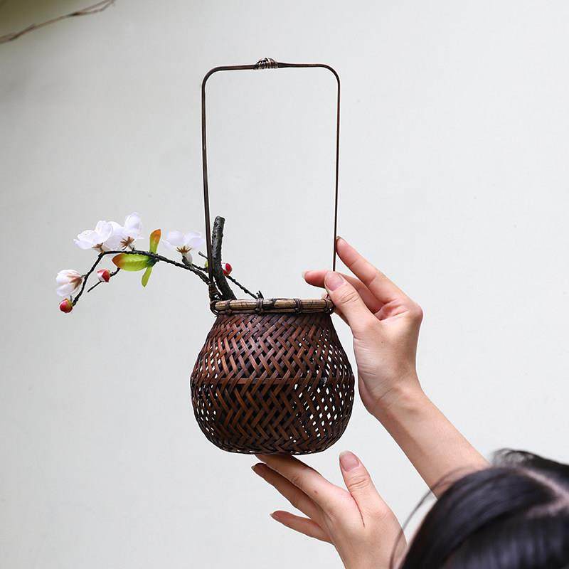 手工竹编花篮插花花器花瓶花入花架水培日式花道装饰摆件复古禅意,淘宝优惠券,粉丝福利购,淘宝优惠卷