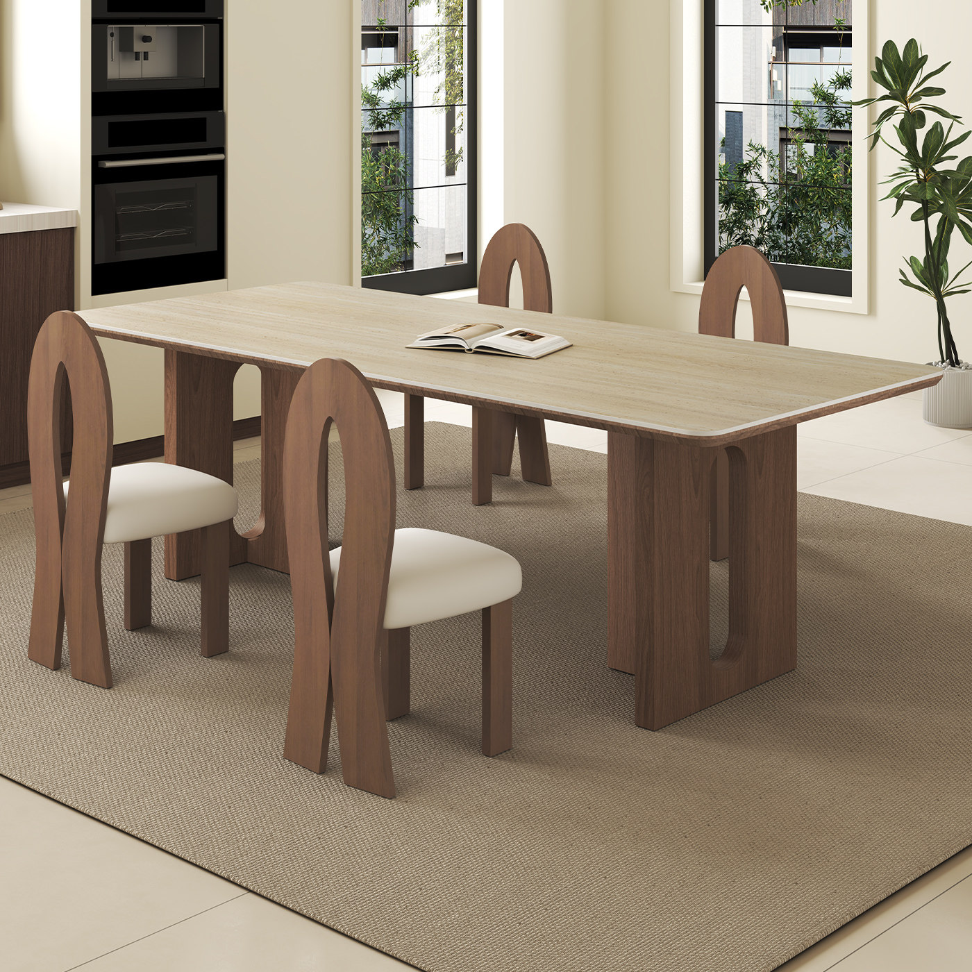 中古风实木洞石岩板胡桃木色餐桌椅子组合家用长方形桌子,淘宝优惠券,粉丝福利购,淘宝优惠卷