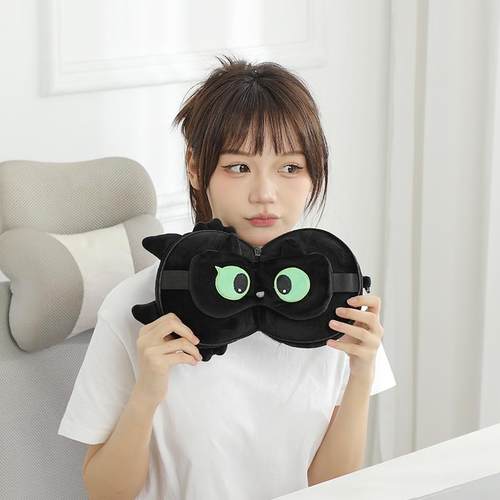 灰熊当家黑猫带帽U型枕飞机旅行护颈枕靠枕学生女友生日礼物玩偶 - 图2