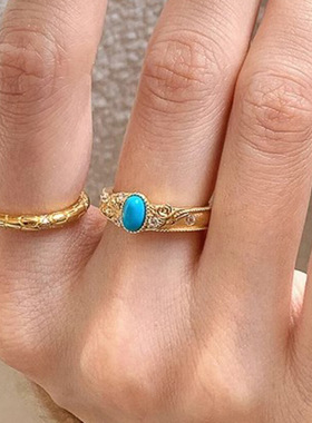 小红书爆款立体雕花蓝松石戒指时尚轻奢微镶海纹绿松石简约指环女