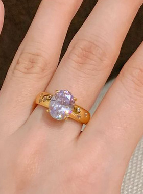 小红书爆款紫气东来鸽子蛋戒指古法点钻爆闪紫色宝石指环