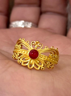 小红书爆款新中式国潮凤冠霞帔红宝石戒指复古宫廷风镂空花丝指环
