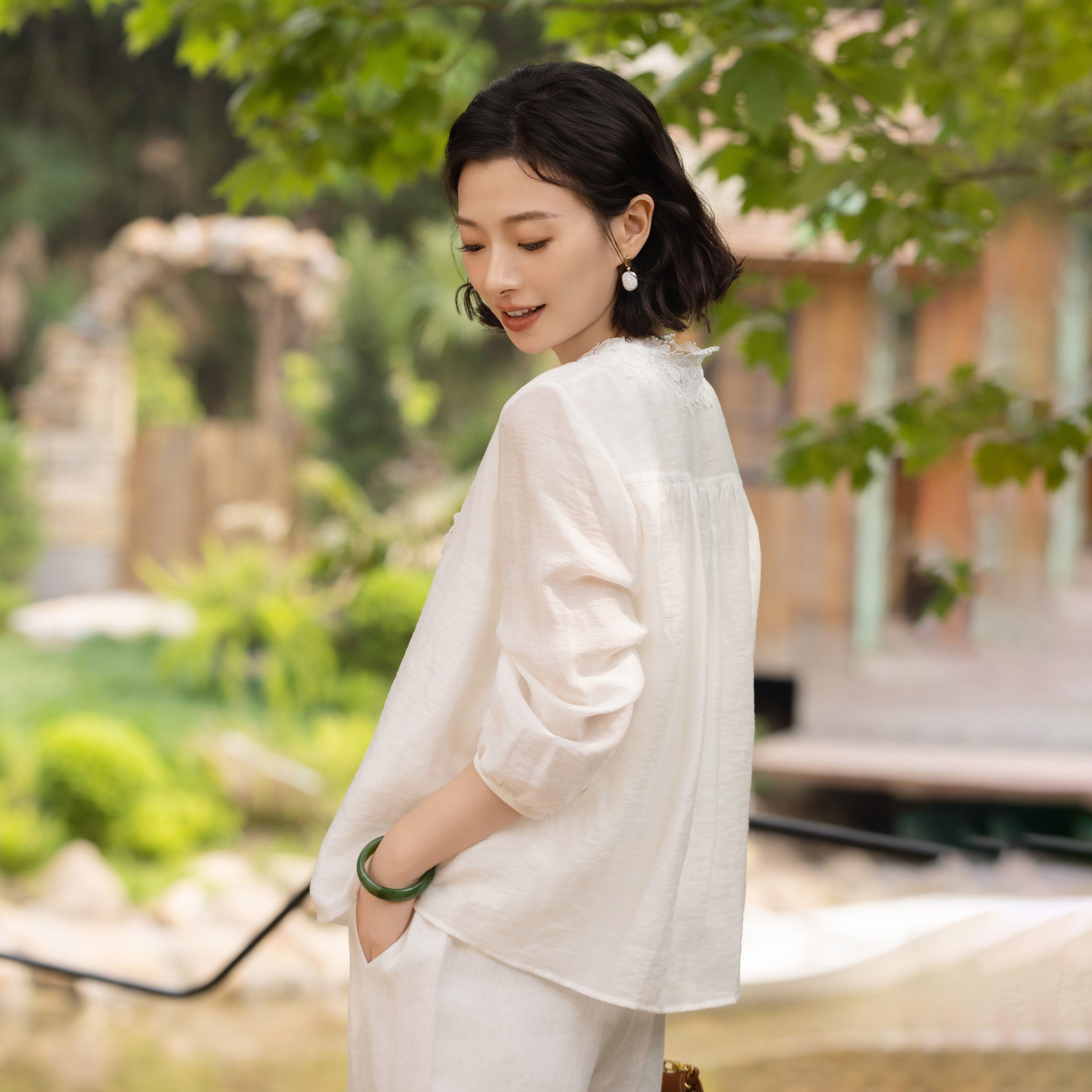 西子/【月光山茶】莱赛尔亚麻法式蕾丝薄款白衬衫女春夏/CSSJ005
