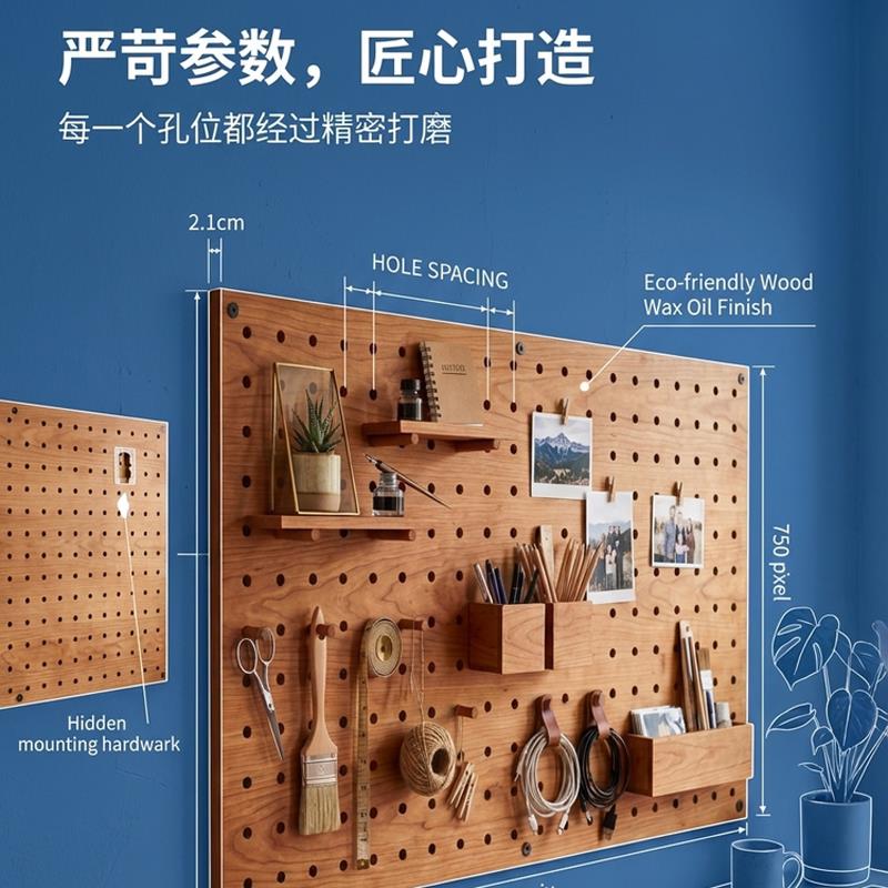 Log-style solid wood hole board, storage hanging board behind the entrance door, cherry wood wall display rack customization