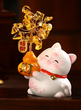 招财猫黄水晶财神小摆件