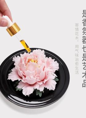 德化手捏牡丹陶瓷花装饰品摆件客厅办公室茶几车载香薰扩香器礼品
