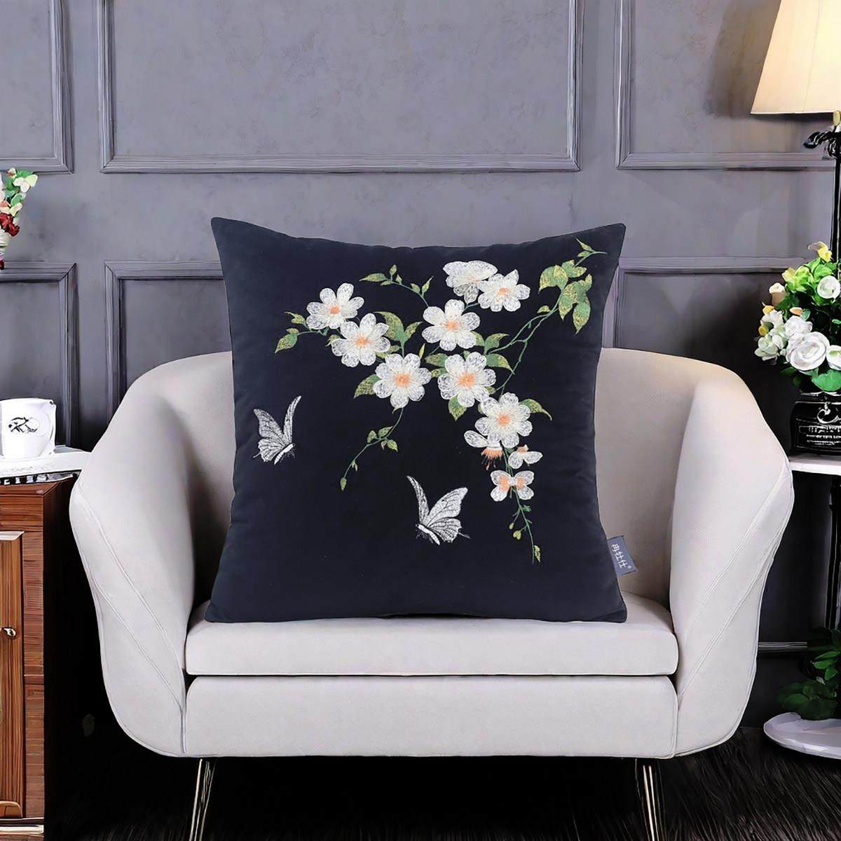 新复古风蝶恋花系列抱枕客厅沙发靠垫黑色绒布蝴蝶图案靠背腰枕套,淘宝优惠券,粉丝福利购,淘宝优惠卷