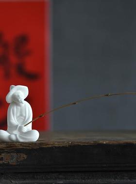 姜太公钓鱼小摆件鱼缸造景老头渔翁中式人物陶瓷雕塑微景观装饰品