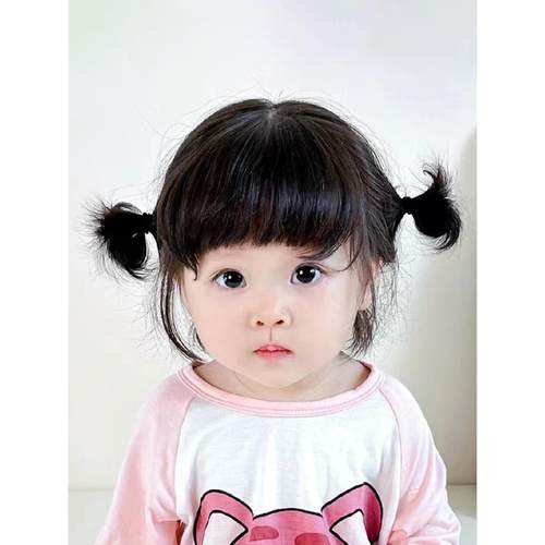 儿童假发女短发可爱婴儿双丸子头发型轻薄透气空气刘海拍照全头套 - 图0