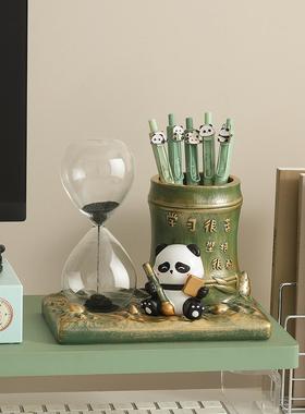 国潮文创熊猫磁吸沙漏励志笔筒摆件解压情绪稳定神器学生开学礼物