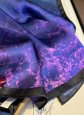 桑蚕丝丝巾紫色极光鎏金春秋薄款宝石色数码印花70真丝丝巾方巾女