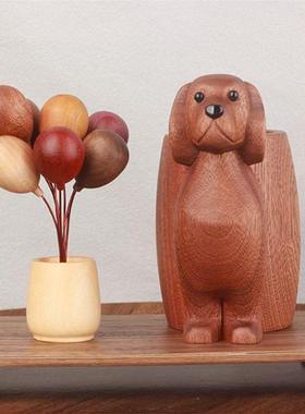 实木笔筒创意小狗实木收纳盒礼品办公室桌面摆件笔筒生日礼物