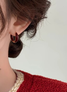红色复古耳环2025新款耳扣女耳圈气质耳钉小众设计高级感轻奢耳饰