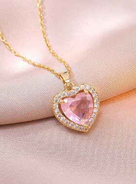日韩风粉色爱心锆石项链女桃心时尚气质项链简约韩系锁骨链女