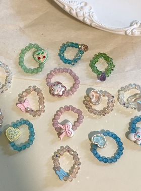 ins可爱串珠花朵亚克力彩色多巴胺米珠弹力甜美指环戒指