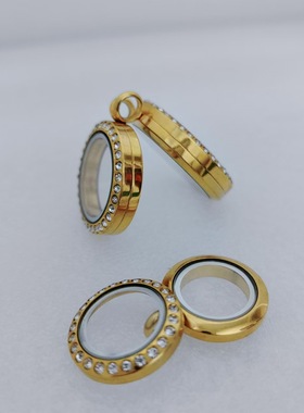 高档镶钻不锈钢金色嘎乌盒时尚百搭空心吊坠可装朱砂唐卡空盒挂件