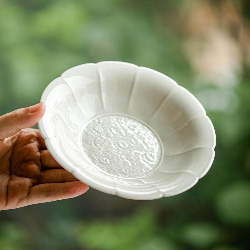 拓土草木灰家用陶瓷茶承茶点盘创意盖碗茶壶垫雕花缠枝莲花瓣壶承,淘宝优惠券,粉丝福利购,淘宝优惠卷