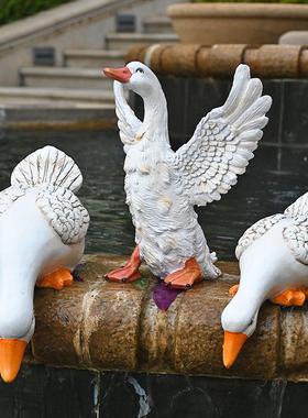 花园庭院户外假山鱼池装饰布置造景园林景观仿真动物喝水鸭子摆件