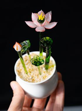 琉璃荷花淄博琉璃盆栽仿真绿植盆栽莲花好运连连琉璃茶台茶桌摆件