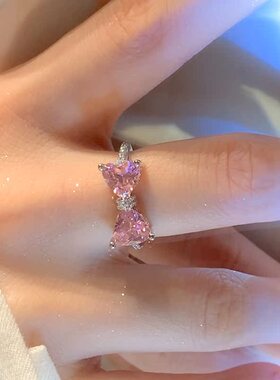 粉钻蝴蝶结小鱼女士可调节银戒指