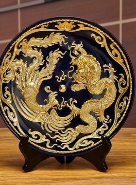 中国红 漆线雕龙凤l金盘陶瓷招财装饰盘子家居工艺品摆件 可加LOG