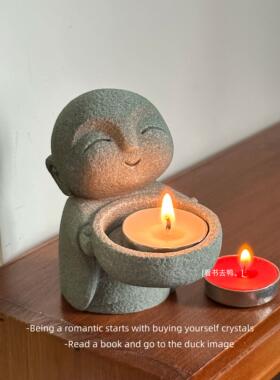 「无聊了 深夜让点亮烛火的小和尚陪你」禅意装饰桌面小摆件礼物