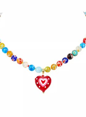 夏日多巴胺彩色串珠项链女2024爆款爱心琉璃吊坠百搭小众锁骨链
