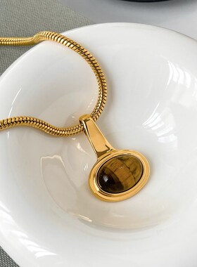 不掉色~轻奢时髦天然虎眼石吊坠粗蛇骨项链毛衣链卫衣休闲小众