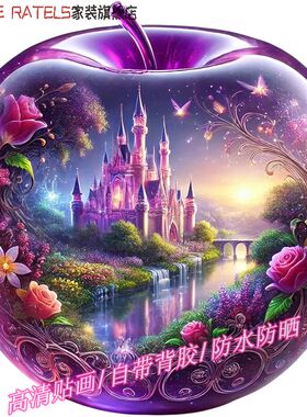 紫色苹果花园城堡贴画墙贴手工自粘贴纸冰箱贴饰北欧风风景装饰画