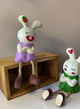 长腿兔子手工工艺品木雕吊腿兔子可爱椴木木雕桌面车载摆件