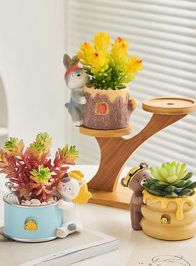 可爱治愈系动物小花盆家用办公室桌面装饰品仿真多肉植物盆栽摆件