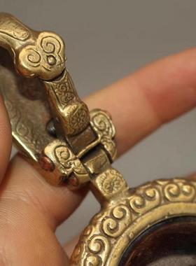 仿古做旧纯铜黄铜浮雕纹皮带扣钥匙扣镶牛角珠古玩铜器