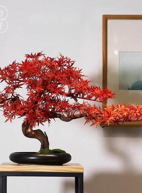 轻奢新中式彷真红枫迎客松盆景摆件 客厅玄关实木绿植家居装饰品
