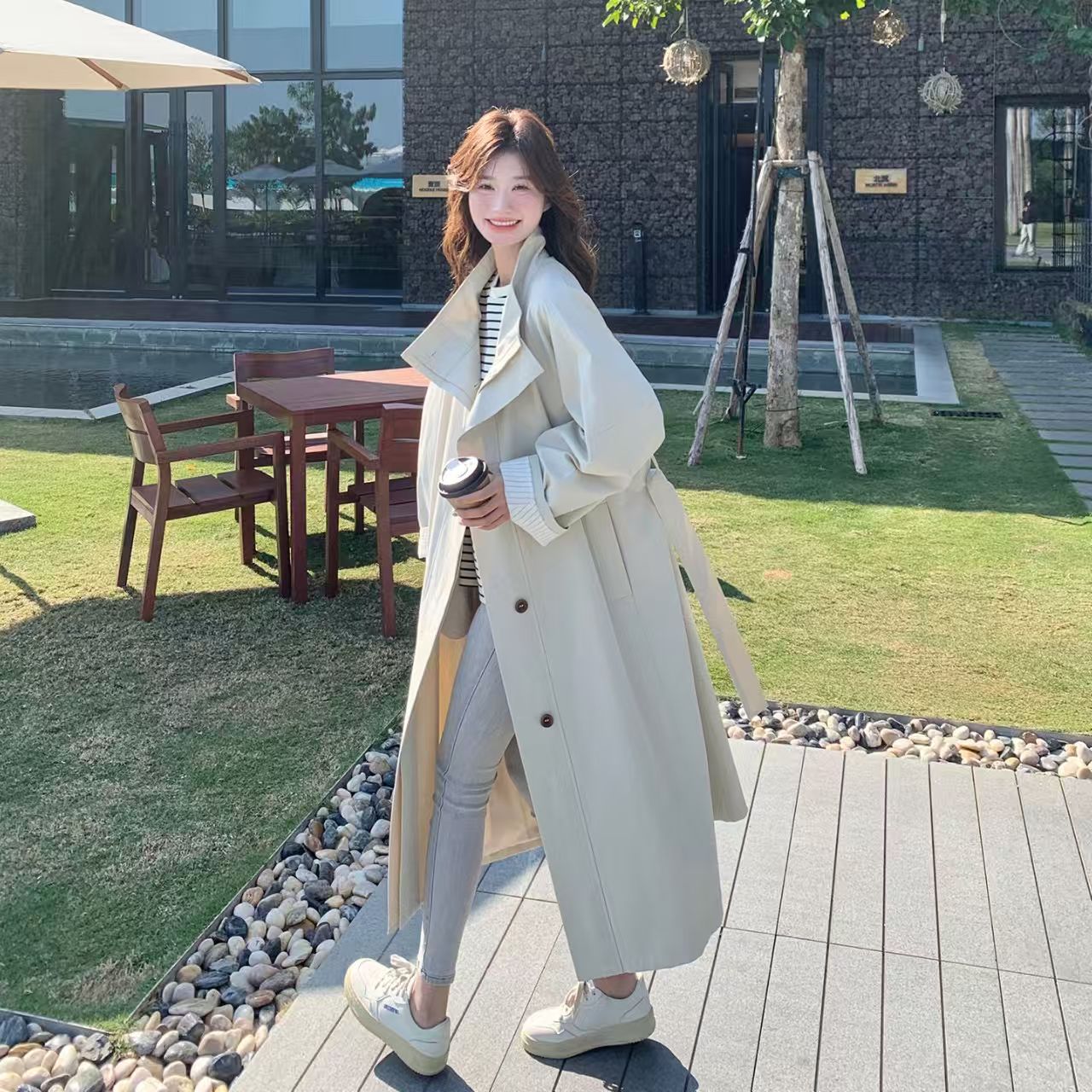 长款韩风风衣外套秋冬撞色大衣