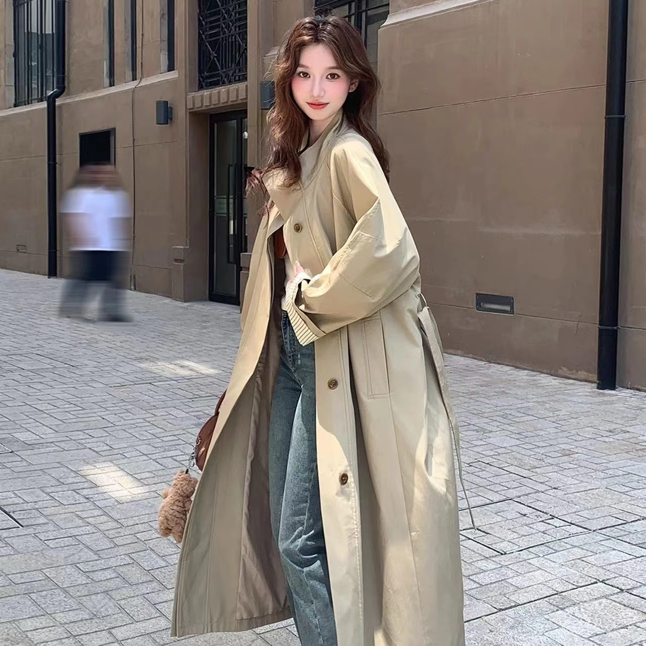 TYK格拼接长款韩风风衣外套2025新款秋冬撞色高级感英伦风大衣