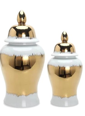 欧式陶瓷高档将军罐摆件 轻奢电镀金边电视柜玄W关装饰品摆件