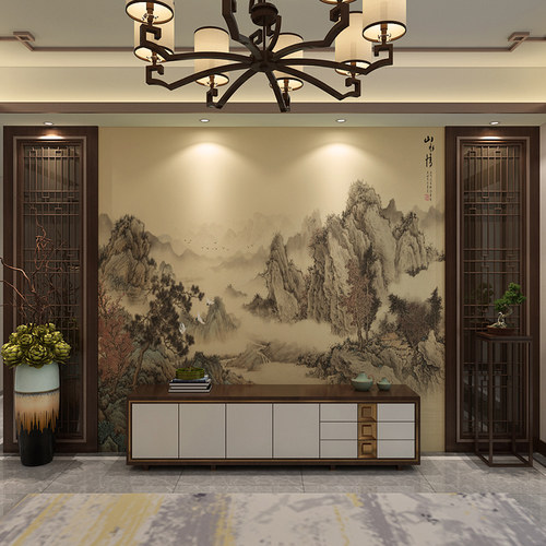 明清古典中式墙布电视背景墙客厅沙发影视墙纸山水手绘壁画水墨 - 图1
