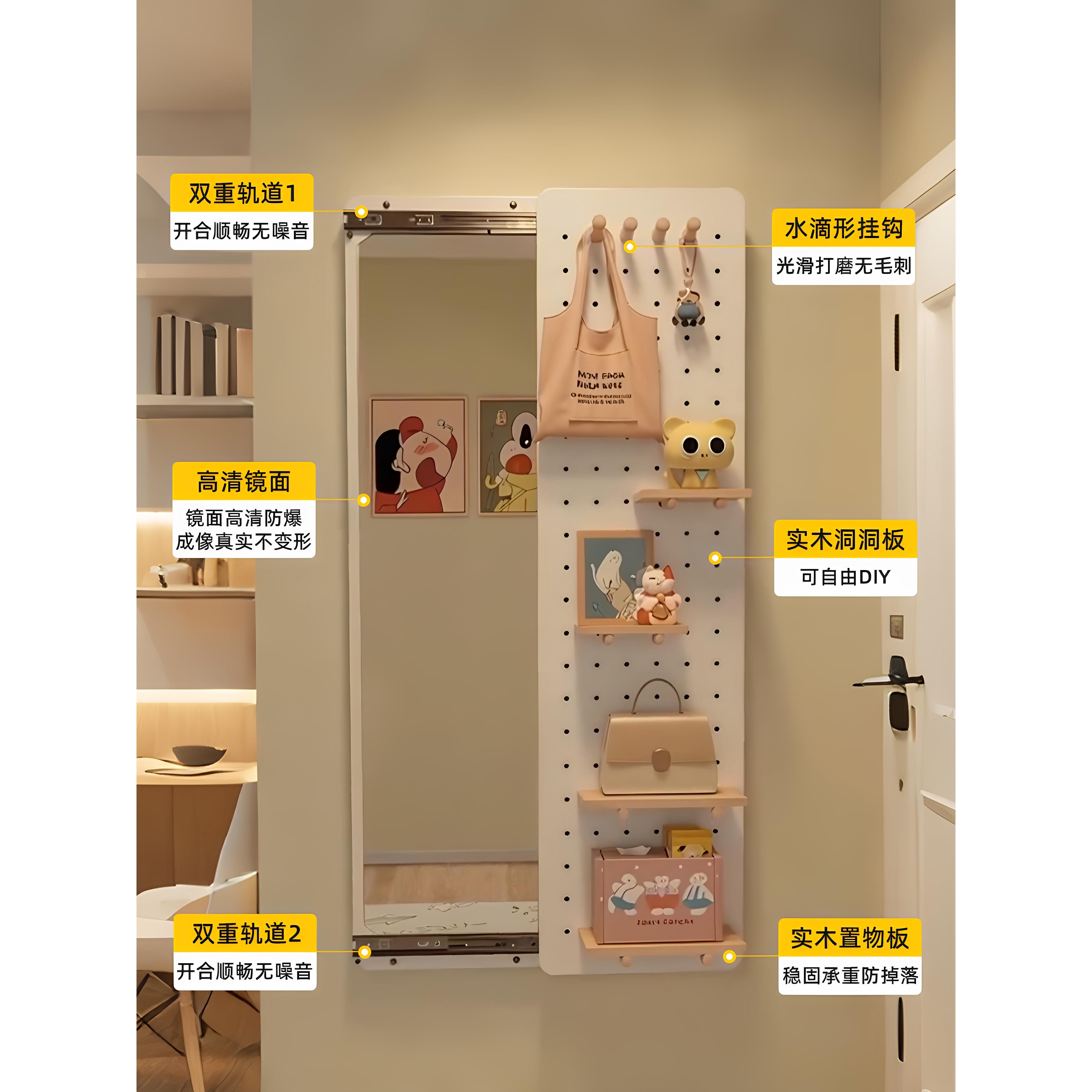 承重柱装饰洞洞板穿衣镜一体窄边置物架门后窄缝架子推拉全身镜子 - 图1